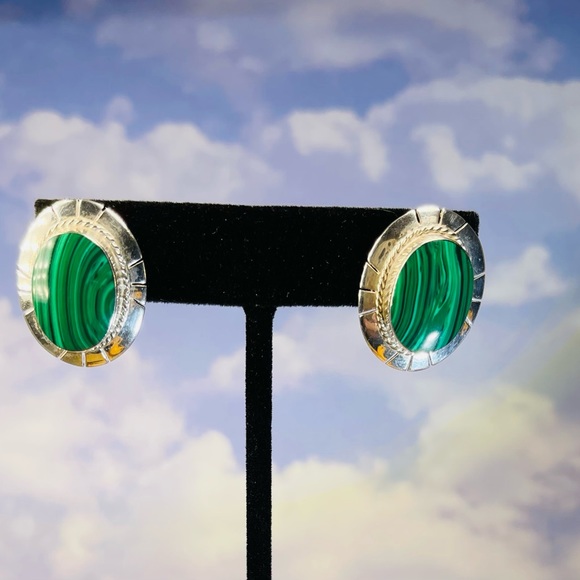 Substantial Malachite and Sterling Silver Earrings. FREE Shipping - Picture 1 of 4